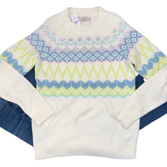 NWT LOFT Whisper White & Pastels Fair Isle Relaxed Sweater - Picture 2 of 8